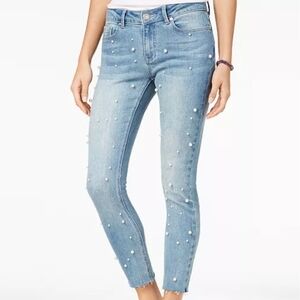 Indigo Rein light blue pearl embellished skinny ankle cropped raw hem jeans